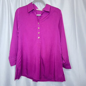 Soft Surroundings Women’s Half Button Down Tencel Tunic Shirt Button Back Wine